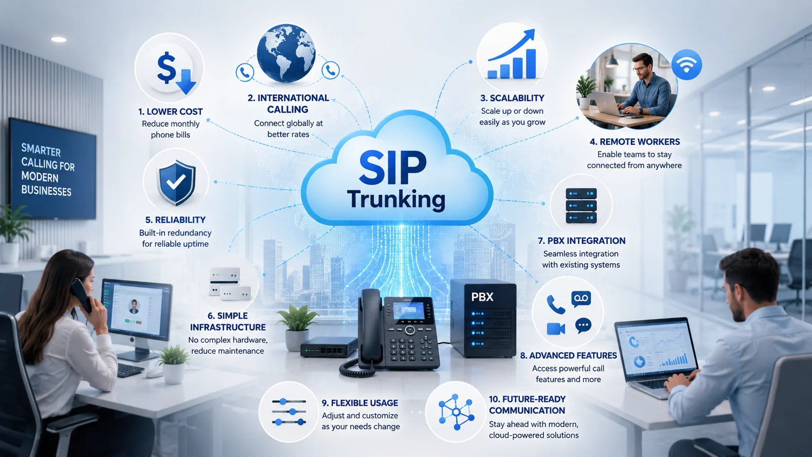 Infographic showing 10 reasons businesses switch to SIP trunking including lower costs, international calling, scalability, remote workers, reliability, PBX integration, advanced features, flexible usage, and future-ready cloud communication